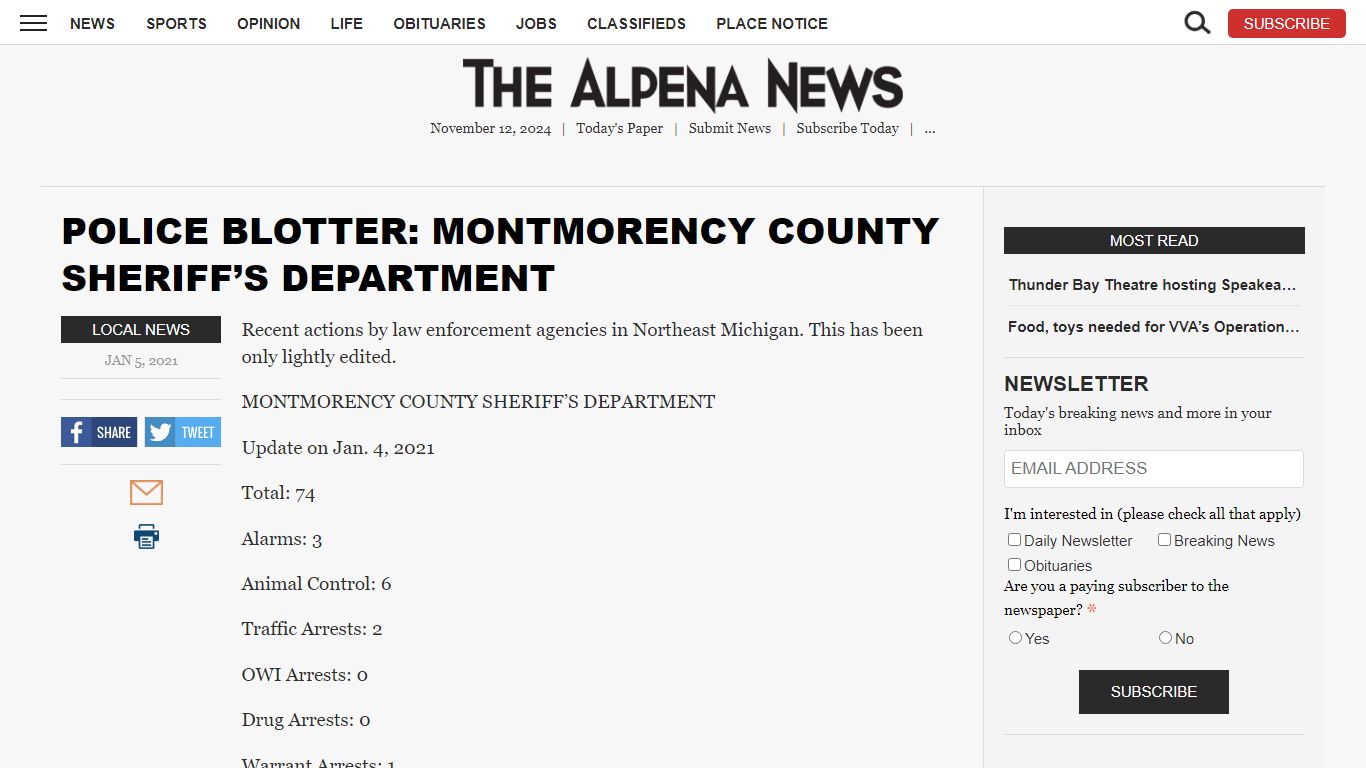 POLICE BLOTTER: MONTMORENCY COUNTY SHERIFF’S DEPARTMENT